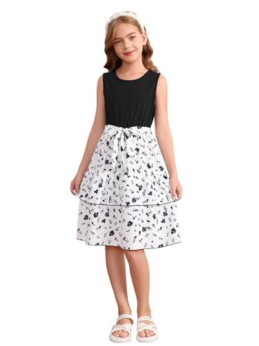 OYOANGLE Girl's Boho Floral Print Tank Dress Bow Belted Layered Ruffle Hem A Line Midi Dresses