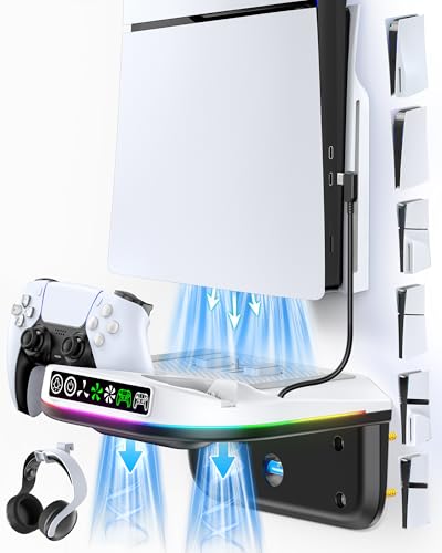 Soporte de Pared para PS5 con Ventilador & Cargador Mando, Compatible con Consolas PS 5/Slim/Pro, Soporte de Refrigeración para PS5 con 3 Velocidades & Luz Ambiental RGB Accesorios, Blanco & Negro