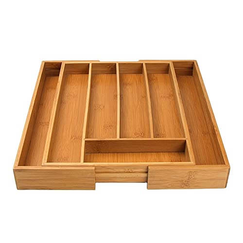 electromax Wooden Bamboo Cutlery Tray,Silverware Organizer, Large Drawer Organizer, Kitchen Drawer Insert, 5-7 Compartments