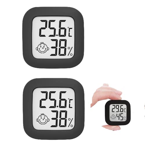 Thermometer Hygrometer Hygro Indicator 2er-Set zum Aufstellen oder zur Wandmontage mit Raumklima-Indikator, Digitales Thermo-Hygrometer, Thermometer, Luftfeuchtigkeitsmesser, Schwarz, 2 Stück Cover