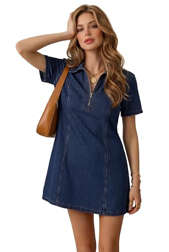 Image of KIFOVEN Women's Collared V Neck Short Sleeve Zipper A Line Casual Mini Denim Dress