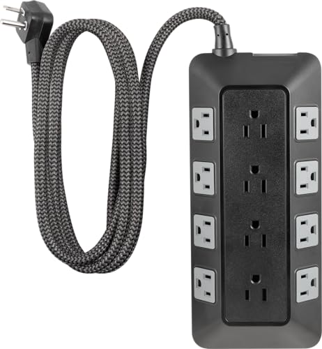 GE UltraPro Adapt 12-Outlet Surge Protector, 6ft Braided Heavy Duty Extension Cord, Flat Plug Power Strip, 3540 Joules, Black, 74542