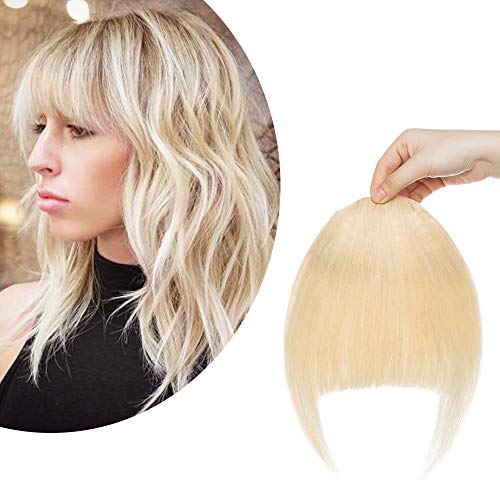 Real Human Hair Bangs One Piece Bangs Hair Piece With Temples Clip in Bangs Two Side Bangs Thick Fringe Brown Clip On Hair Bangs Hair Extensions for Women #613 Bleach Blonde