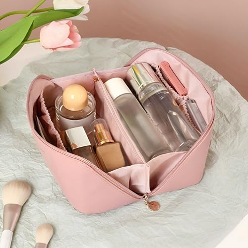 Image of NFI essentials Cosmetic Travel Organizer Bag, Women's Makeup Pouch Toiletry Bag Portable Leather Wide Opening Cosmetics Bag with Handle and Divider