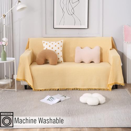 Image of HOKIPO Polycotton Thick and Soft Sofa Cover Throw Couch Protector 2 Seater, 180 (D) x 230 (L) cm (NEW-AR-4639-N5), Yellow