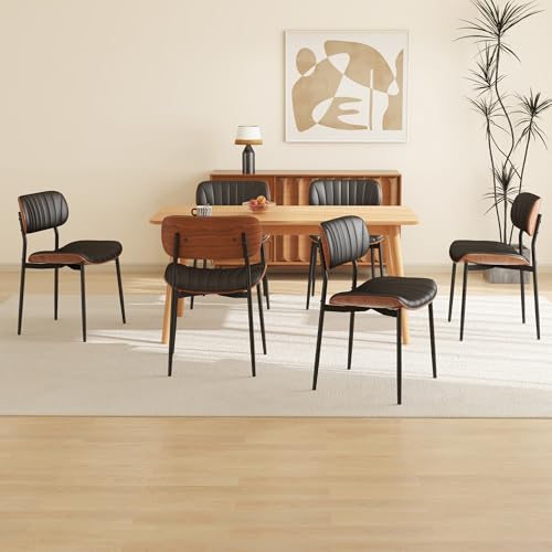 Modern PU Leather Dining Room Chairs Set of 6, Upholstered Kitchen Chairs with Walnut Bentwood Back and Metal Legs Adjustable Feet for Kitchen Dining Room(Balck)