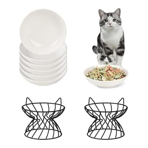 AHX Bundle - Raised Cat Bowl Set Include 6 White Cat Plates and 2 Metal Iron Stands Cover