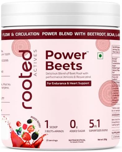 Rooted Actives Power Beets (250 grams) - Organic Beet root powder with L arginine,L Carnitine,BCAA,Reservatrol & Stevia|Heart,Endurance,Nitric oxide booster| Beets Powder Supplement & Pre Workout