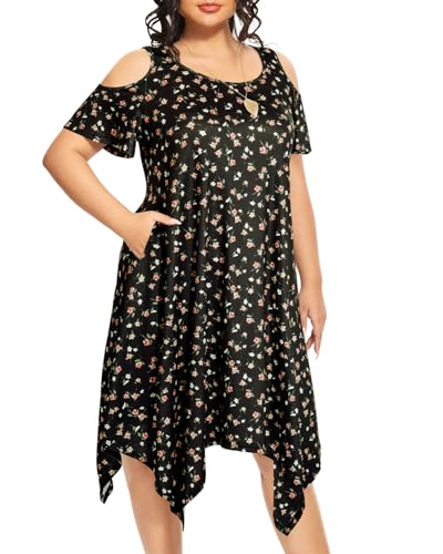 Image of Pinup Fashion Plus Size Summer Sundress Casual Flowy Cold Shoulder Dress