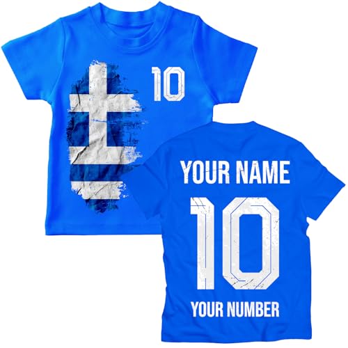 Grecia 2026 Camiseta de Algodón Gráfica Personalizada para Niño Aficionado al Fútbol, Nombre y Número Personalizados, Camiseta de Manga Corta (7-8 años Royal-Blue Multicolor)