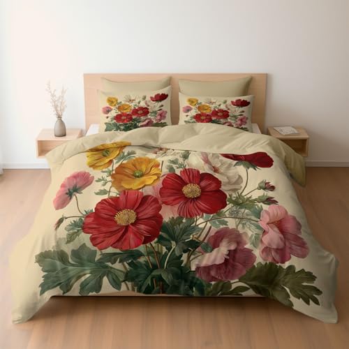 Genérico Juego de Funda de Edredón Reversible con Fundas de Almohada, Diseño Vintage Floral Caléndula Amapola 200 x 200, Tejido Transpirable, Beige, Fácil Cuidado, Lavable a Máquina (Cama 105)