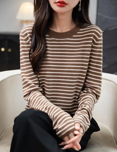 Women's Merino Wool Blend Sweater 2025 Fall Winter Casual Crew Neck Striped Long Sleeve Knit Pullover Sweater2