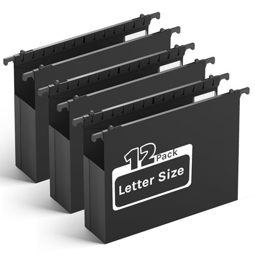 Ansook Extra Capacity Plastic Hanging File Folders,2\" Expanding Accordian Pocket with Black Insert Gasket,Heavy Duty for Filing Cabinet, Hard and Durable Hang Folders, Black,Letter Size - 12 Pack