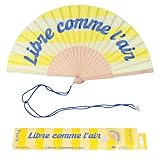 Fisura – Ventaglio in legno con righe gialle e messaggio “libre comme l’air”. Accessorio trendy e vivace, ventaglio a mano con gancio incluso. Dimensioni: 42,5 x 23 cm