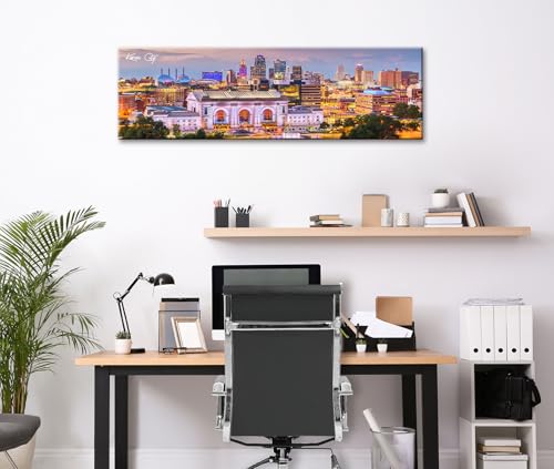 Image of Kansas City Skyline Wall Art Canvas Prints, Framed, 13.8 inchx45.3 inch | Cityscape USA City Building, Panoramic Night View, Modern Home Office Living Room Decoration