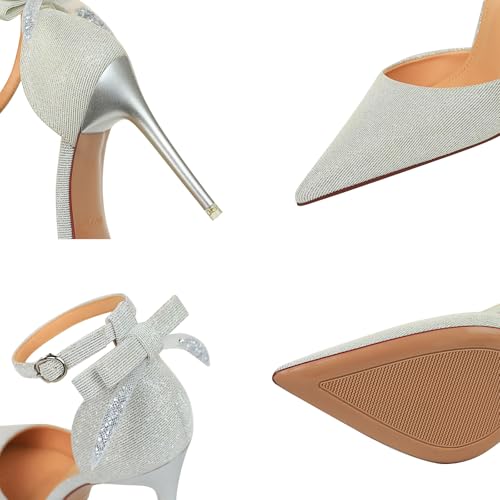 Womens Bow Tie High Heels Closed Pointed Toe Sparkly Pumps Sexy Stiletto Ankle Strap Heel Sandals Wedding Evening Dress Shoes for Women2