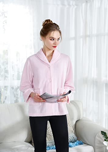 Loungees Women's Drop Needle Coral Fleece Shawl Collar Button Front Bed Jacket - 1X Pink4