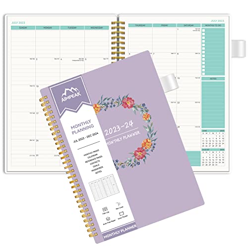 Monthly Planner 2023-2024, Monthly Calendar Planner, 18-Month Planner, Jul.2023-Dec.2024, Aimpeak Monthly Planner With Pocket, Pen Loop, Flexible Cover, Spiral Binding, Purple Garland, 7"X10" #TOP6