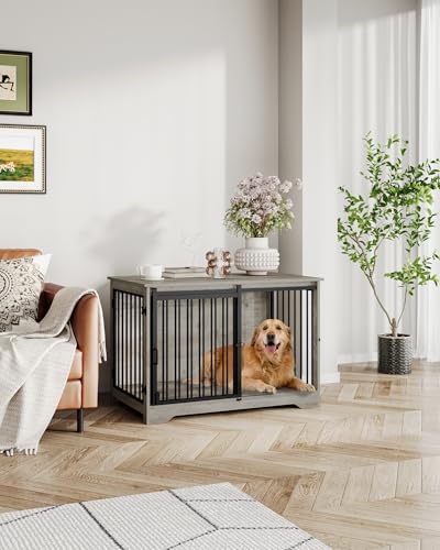 Hzuaneri Hundekäfig Möbel, 100cm hundebox für zuhause, Schiebetüren, Moderne hundebox Holz Indoor für kleine/mittlere/große Hunde, Hundekäfig für Zuhause, 100 x 60 x 68 cm, Hell Elfenbein DFC02305B