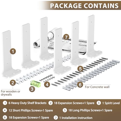 Goovilla Shelf Brackets 6 Inch, 6 Pack Floating Shelf Bracket, Heavy Duty Shelf Brackets for Wood Shelves, White Metal Wall Shelving Brackets, 6" Shelf Support Brackets with 160 lb. Load Capacity - Image 6