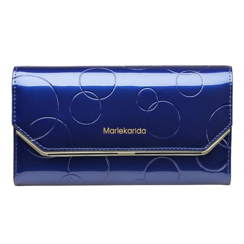 Fashionable women's leather wallet, large capacity multifunctional, snap closure, three fold long style, RFID shielding protection credit card carrying bag (Blue)