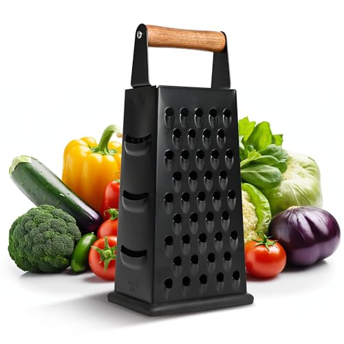 Dc Casa BlackWood Grattugia in Acciaio Inox – Design Elegante con Manico in Legno di Acacia, 4 Lame per Grattugia Fine, Grossa, Julienne e Affettatura