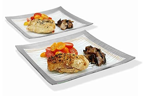 Gac Set Of 4 Elegant Tempered Glass Dinner Plates Square Glass Plate 10.5 Inch, Break And Chip Resistant – Oven/Microwave Safe – Dishwasher Safe – Decorative Silver Border #TOP2
