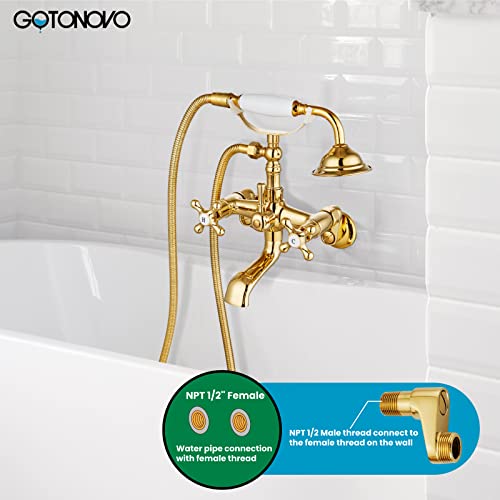 Gotonovo Gold Polish Wall Mount Clawfoot Tub Faucet Bathtub Filler With Handheld Shower Double Cross Handheld 6 Inch Center With Adapter Adjustable Swing Arms #TOP7