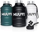 MUUVE® Botella de acero inoxidable de 1,3 l, 2 tapas, cepillo, antigoteo, sin BPA, apta para ácido carbónico, para fitness, deportes, gimnasio (blanco 2,2 L, 2,2 litros)