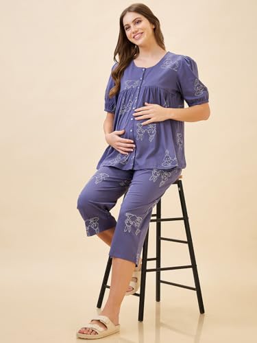 Image of AV2 Women's Cotton Printed Maternity & Feeding Night Suit Set of Top & Relaxed Capri Nursing Night Dress -2123