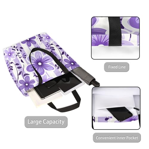 Striped Floral Purple Large Capacity Canvas Tote Bag Stylish Handheld Shoulder Bag Reusable Shopping Bag for Work Travel Beach Trips Shopping2