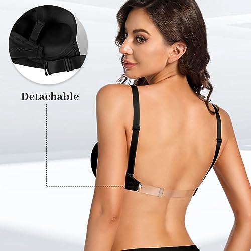 Image of YBCG Plunge Bra with Clear Back Straps Backless Deep V Convertible Push up Padded Add 2 Cup Low Cut Underwire for Women