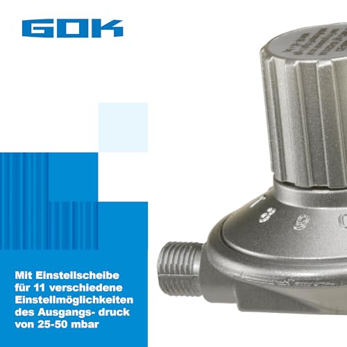 GOK Gasregler | 11 Stufen regelbar - 25-50 mbar | Zum Anschluss an Propan-Butan Gasflaschen