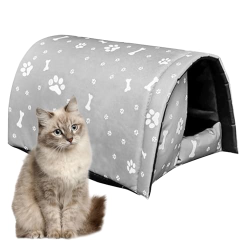 Image of Fhiny Stray Cats Shelter, Waterproof Outdoor Cat House Foldable Warm Pet Cave for Winter Wild Animal Tent Bed Anti-Slip Kitten Cave for Feral Cat Dog Puppy Weatherproof Grey-L