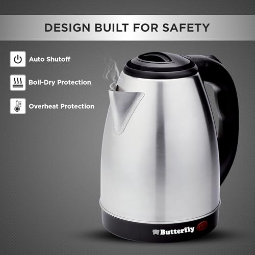 Image of Butterfly Evo Pro 1.8L Electric Kettle | 1350 W | 360 degree Swivel Power Base | Auto Shut Off | For Hot Water, Tea, Coffee, Noodles | Dry Boil Protection