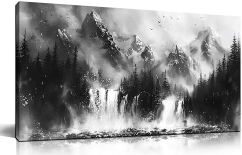 Mountain Wall Art For Office - Black And White Pictures Wall Art For Living Room - Forest Wall Decor For Bedroom Size 20