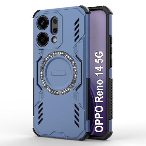 amazon basics Back Case Cover for Oppo Reno 14 5G | MagSafe Case with Built-in Metal Ring | Supports MagSafe Charger, Wallet & Car Mount | Shockproof Hybrid PC + TPU | Blue