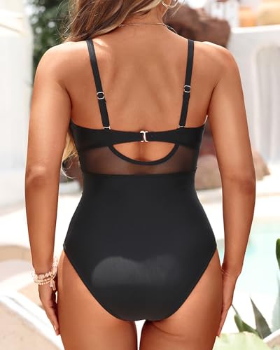 Image of Tempt Me Women One Piece Swimsuits Tummy Control Bathing Suits Cutout Mesh Front Cross Swimwear