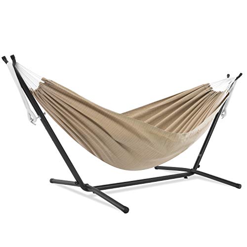 Vivere Double Sunbrella Hammock with Space Saving Steel Stand, Sand (450 lb Capacity - Premium Carry Bag Included)