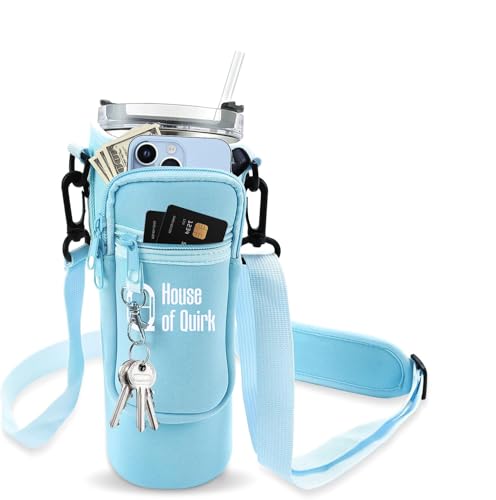 Image of House of Quirk Water Bottle Carrier Bag with Phone Pocket for Stanley 40 /30 oz Tumbler Neoprene Water Bottle Holder Pouch with Adjustable Strap (Mint)