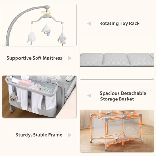 Image of GAIVE Baby Bassinet Bedside Crib, Pack and Play with Mattress, Diaper Changer, One-Push Setup Playards from Infants to Toddlers (Grey)