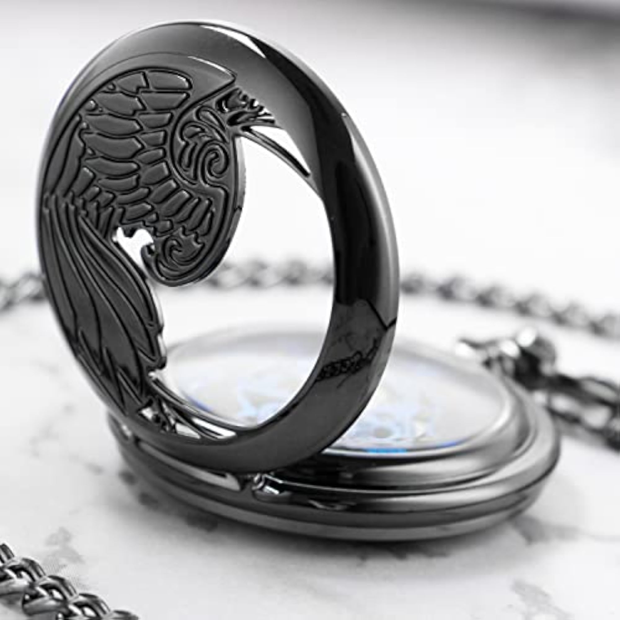 Men's Black Mechanical Pocket Watch with Chain, Birthday Gift
