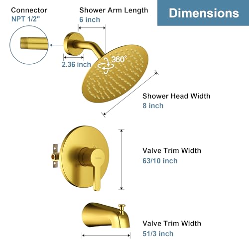Set de ducha y grifo para bañera en color Oro Cepillado con válvula balanceadora de alta presión, cabezal de ducha de 8 pulgadas y manija única para bañera y ducha miniatura 3
