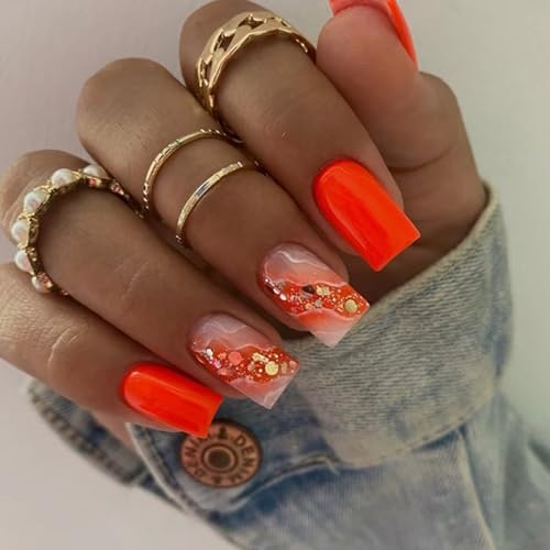 Ceboic French Tip Press on Nails Square Medium False Nails Orange Glitter Glossy Fake Nails Acrylic Full Cover Glue on Nails with Elegant Design Artificial Natural Stick on Nails for Women and Girls