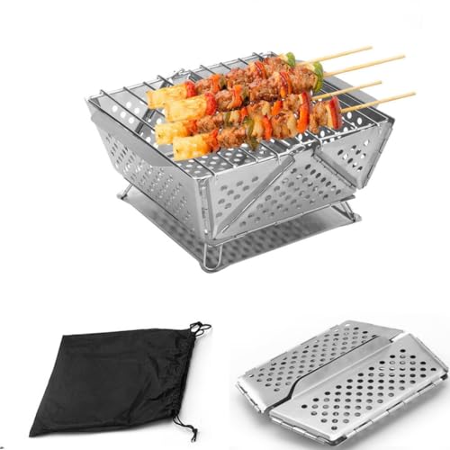 Mini parrilla – Ahumador de acero inoxidable para camping, multiusos portátil plegable parrilla de carbón para barbacoa, parrilla compacta de cocina al aire libre para portón trasero, barco y balcón