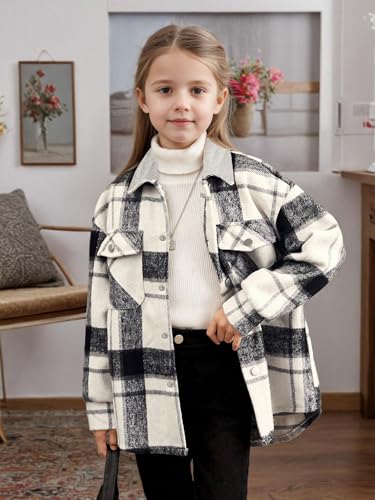 Girls Black Plaid Jacket Button Down Kids Long Sleeve Warm Fall Winter Coats Classic Lapel Collar Outerwear for 8-14Y2