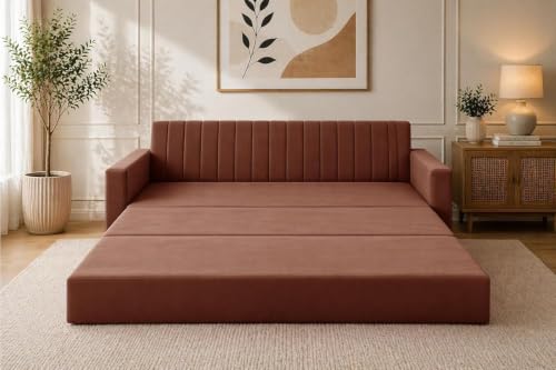 Image of Modern Velvet 3 Seater Sofa Cum Bed with Armrest, Convertible Sleeper Couch Sofa for Living Room, Bedroom & Office - Brown Color