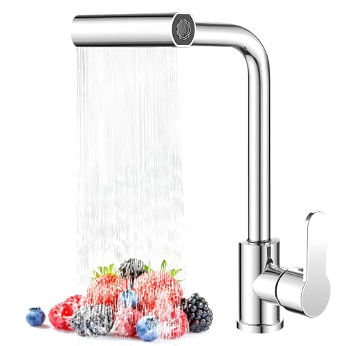 Ruimooto Grifo de cocina, cascada, grifo de cocina con 4 modos, grifo mezclador de cocina de alta presión, acero inoxidable, giratorio 360°, color plateado