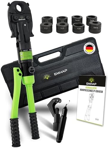 EMHAP© Rohrpresszange hydraulisch – Presszange mit TH & V Kontur für Kupferrohre, Alu-Verbundrohr & Edelstahlrohr – Pressfitting Zange inkl. Rohrschneider & Entgrater - Rohrpresse