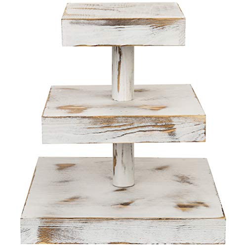 Mygift Whitewashed Wood Cupcake Stand, 3 Tiered Square Serving Tray, Desserts And Appetizer Display Riser #TOP5